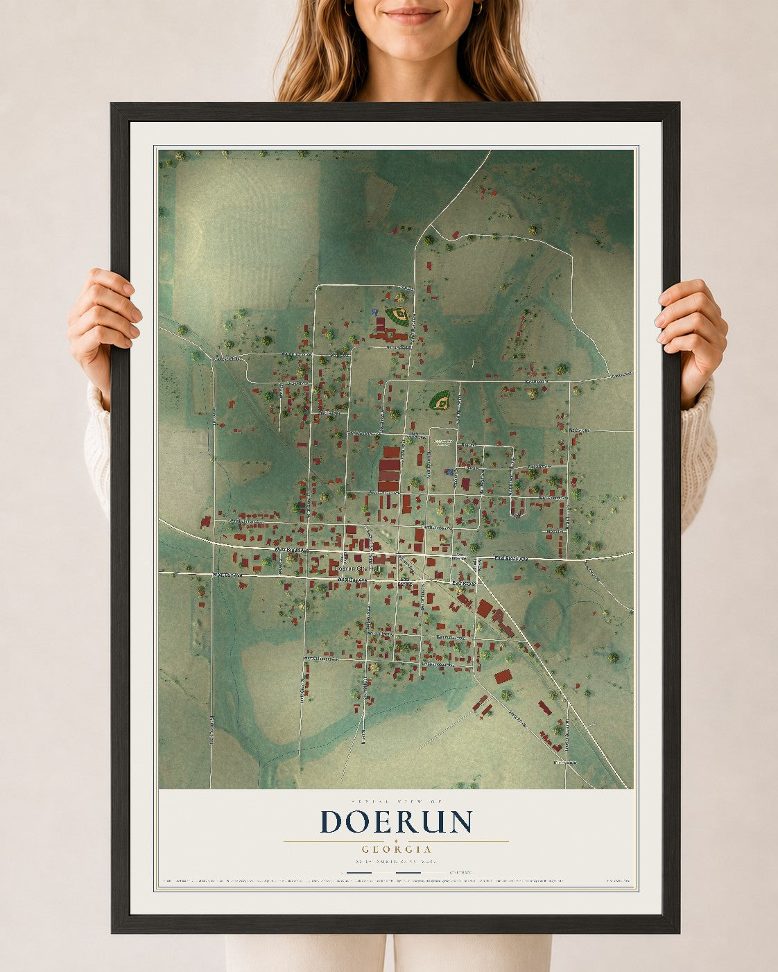 Doerun, Georgia map print, 24" x 36" W/ Black Ayous Wood Frame mockup