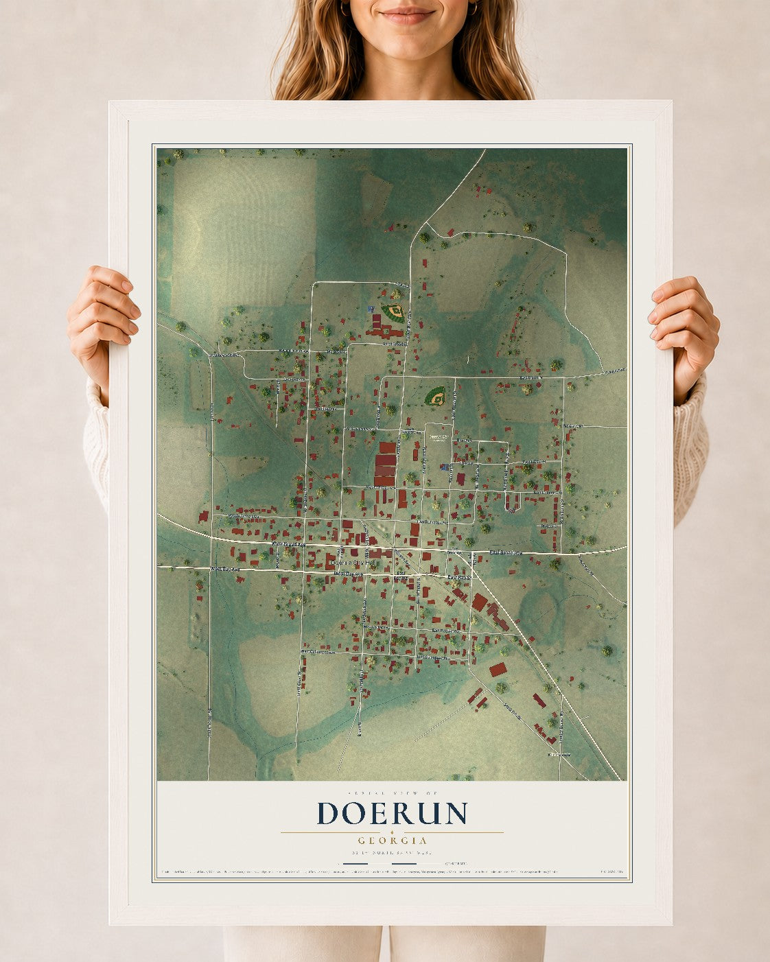 Doerun, Georgia map print, 24" x 36" W/ White Ayous Wood Frame mockup