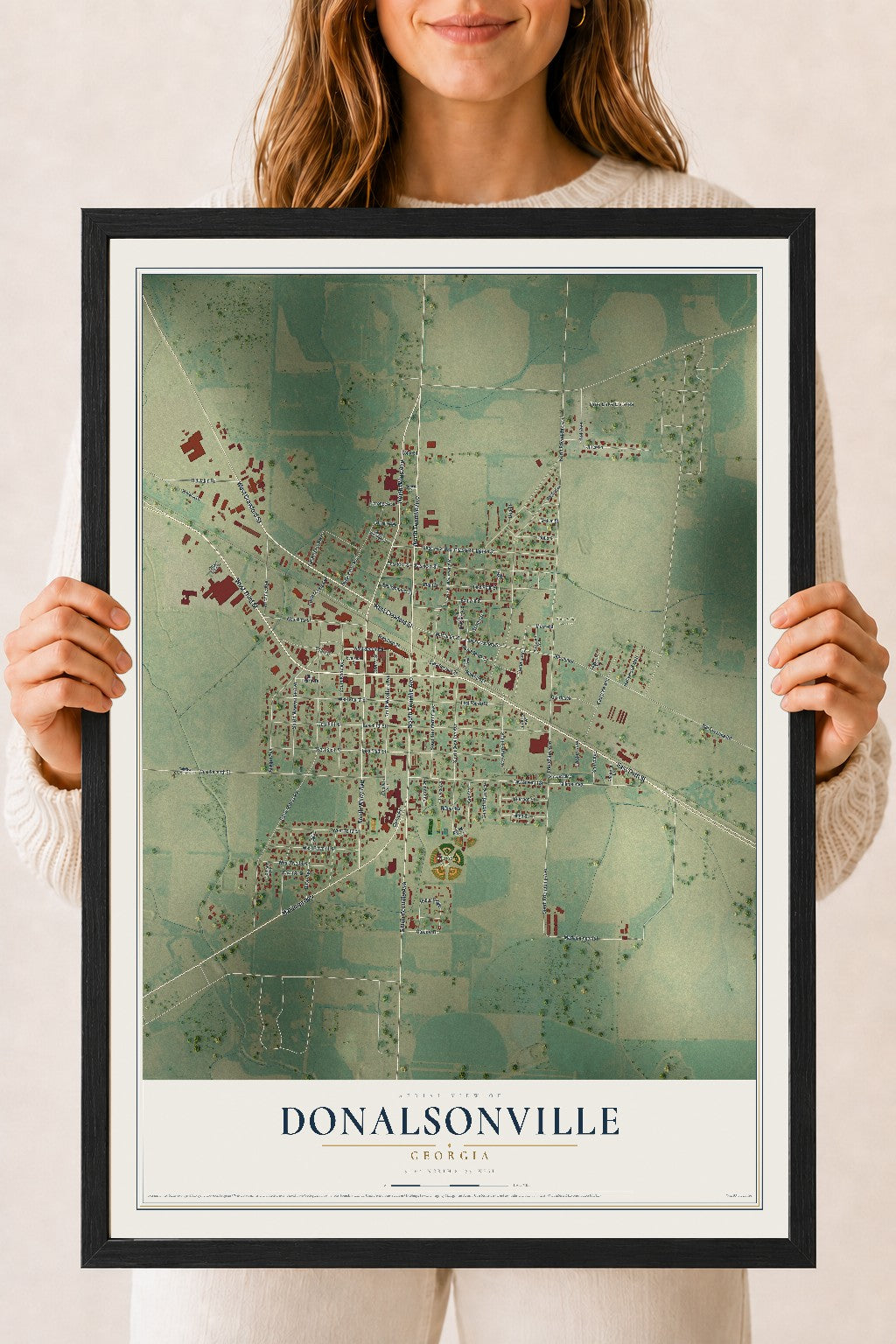 Donalsonville, Georgia map print, 18" x 24" W/ Black Ayous Wood Frame mockup