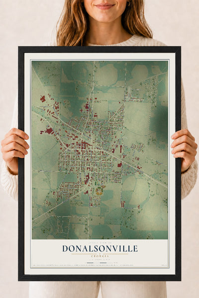 Donalsonville, Georgia map print, 18" x 24" W/ Black Ayous Wood Frame mockup