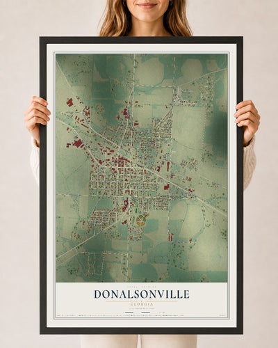 Donalsonville, Georgia map print, 24" x 36" W/ Black Ayous Wood Frame mockup