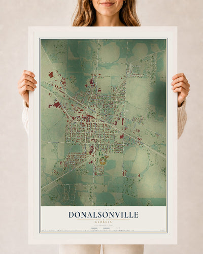 Donalsonville, Georgia map print, 24" x 36" W/ White Ayous Wood Frame mockup