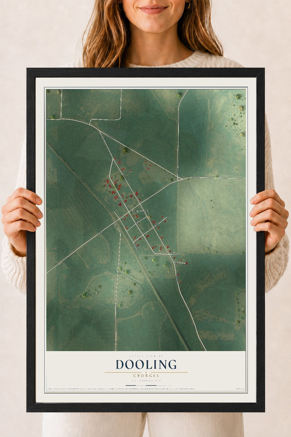 Dooling, Georgia map print, 18" x 24" W/ Black Ayous Wood Frame mockup