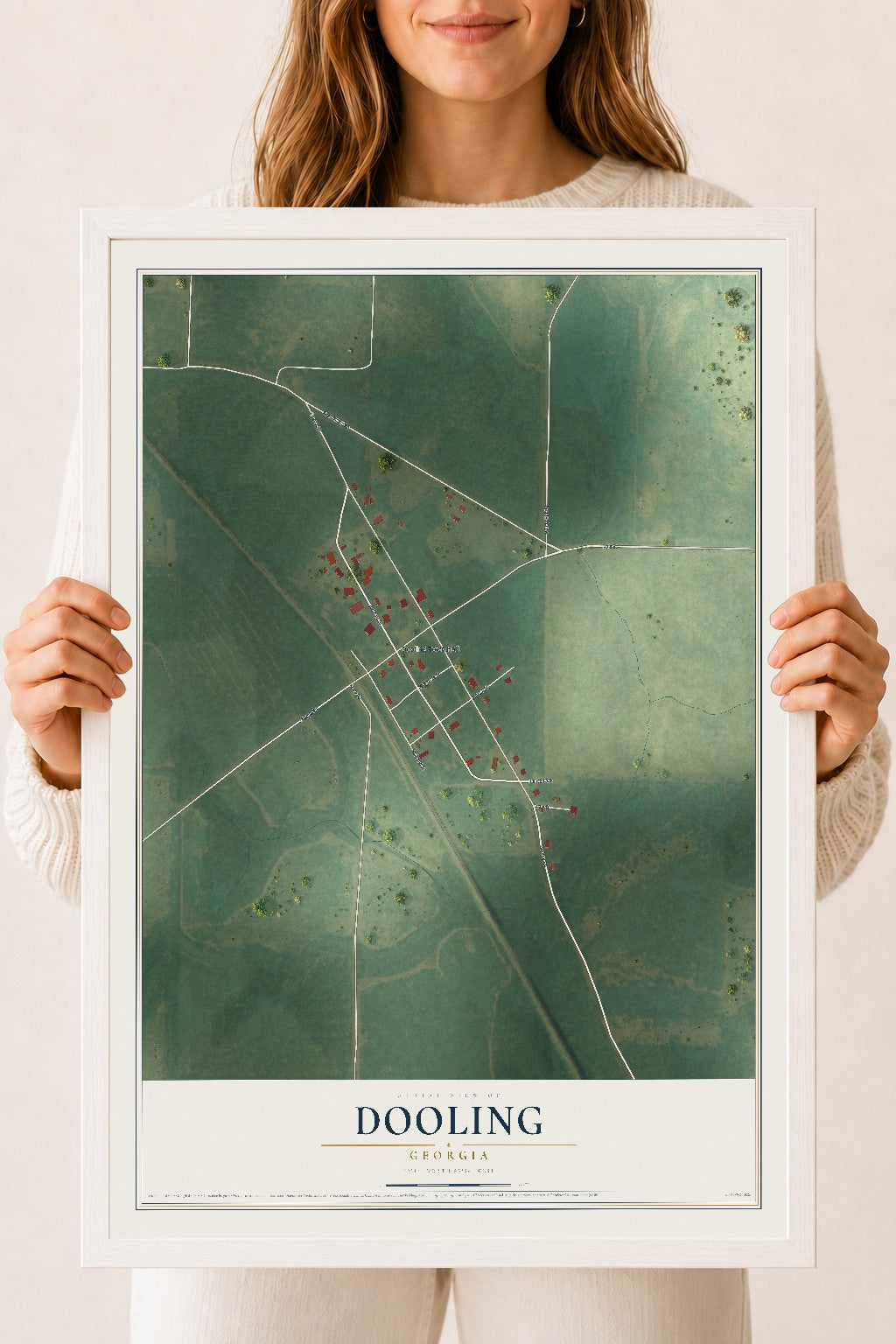 Dooling, Georgia map print, 18" x 24" W/ White Ayous Wood Frame mockup