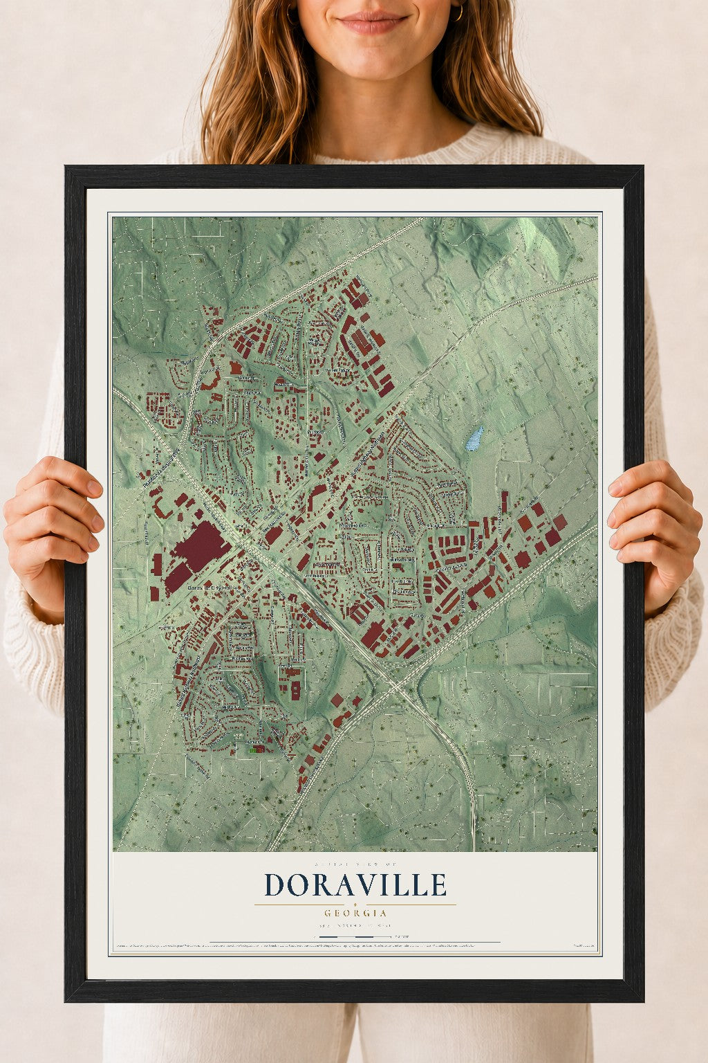Doraville, Georgia map print, 18" x 24" W/ Black Ayous Wood Frame mockup