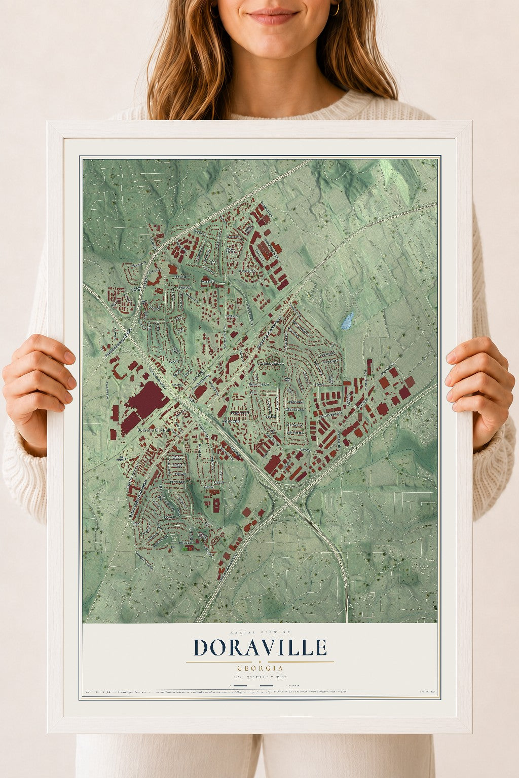 Doraville, Georgia map print, 18" x 24" W/ White Ayous Wood Frame mockup