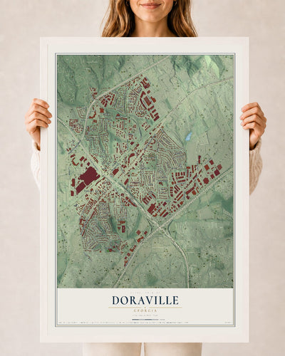 Doraville, Georgia map print, 24" x 36" W/ White Ayous Wood Frame mockup
