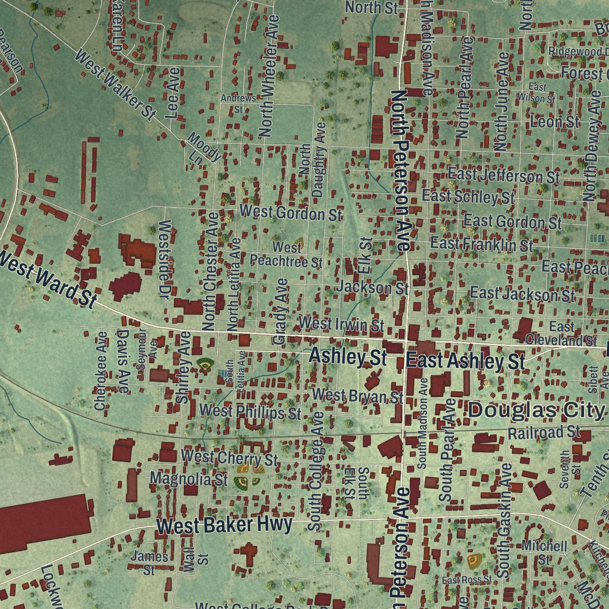 Close-up 1 of the Douglas, Georgia map artwork