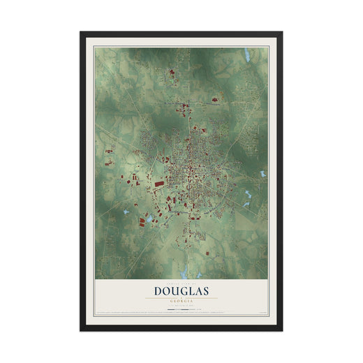 Map of Douglas, Georgia, 12 x 18 inch print in a black wood frame