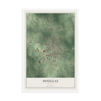 Douglas, Georgia map print, 12" x 18" W/ White Ayous Wood Frame mockup