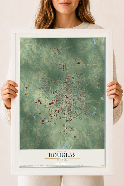 Douglas, Georgia map print, 18" x 24" W/ White Ayous Wood Frame mockup
