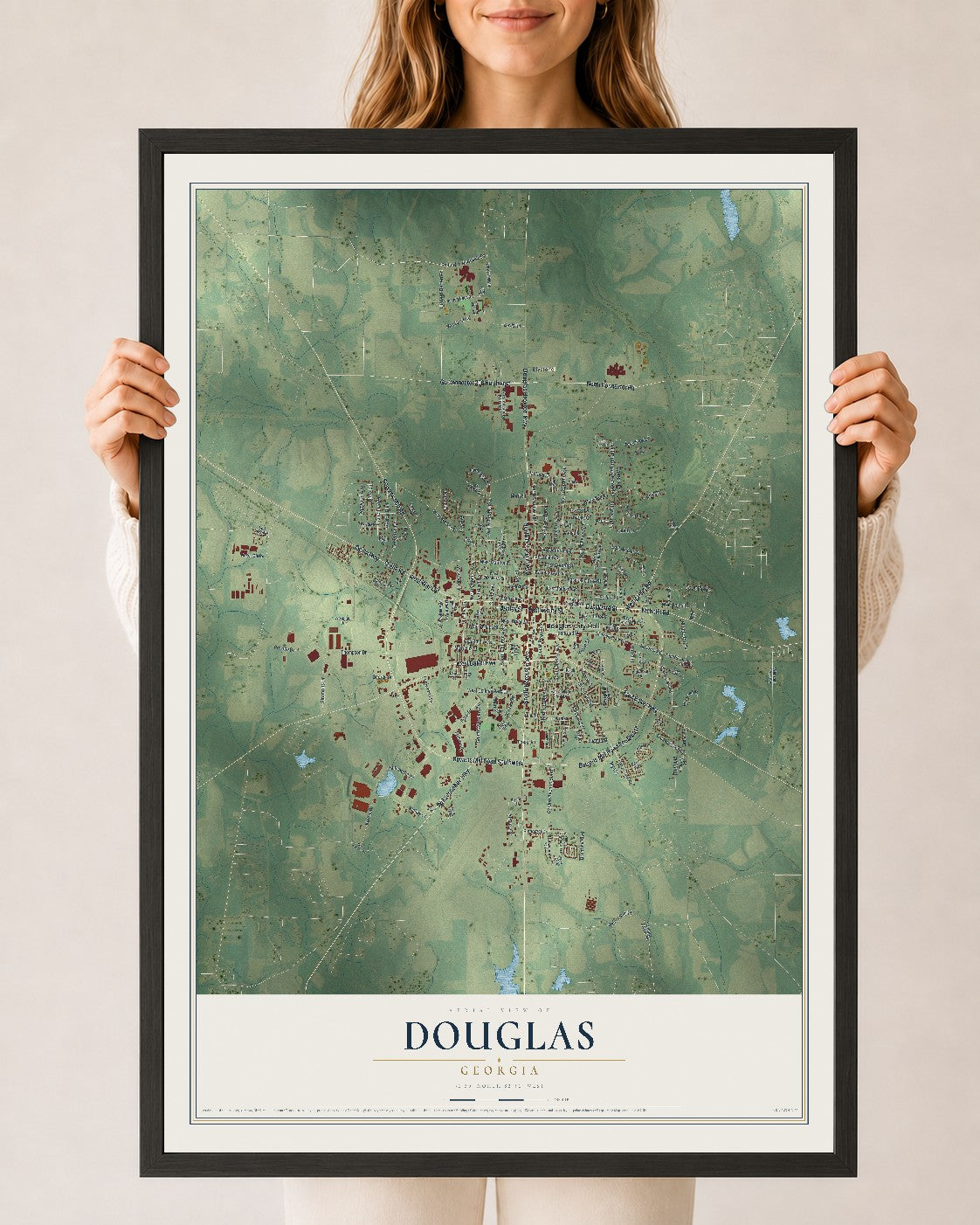Douglas, Georgia map print, 24" x 36" W/ Black Ayous Wood Frame mockup