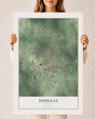 Douglas, Georgia map print, 24" x 36" W/ White Ayous Wood Frame mockup