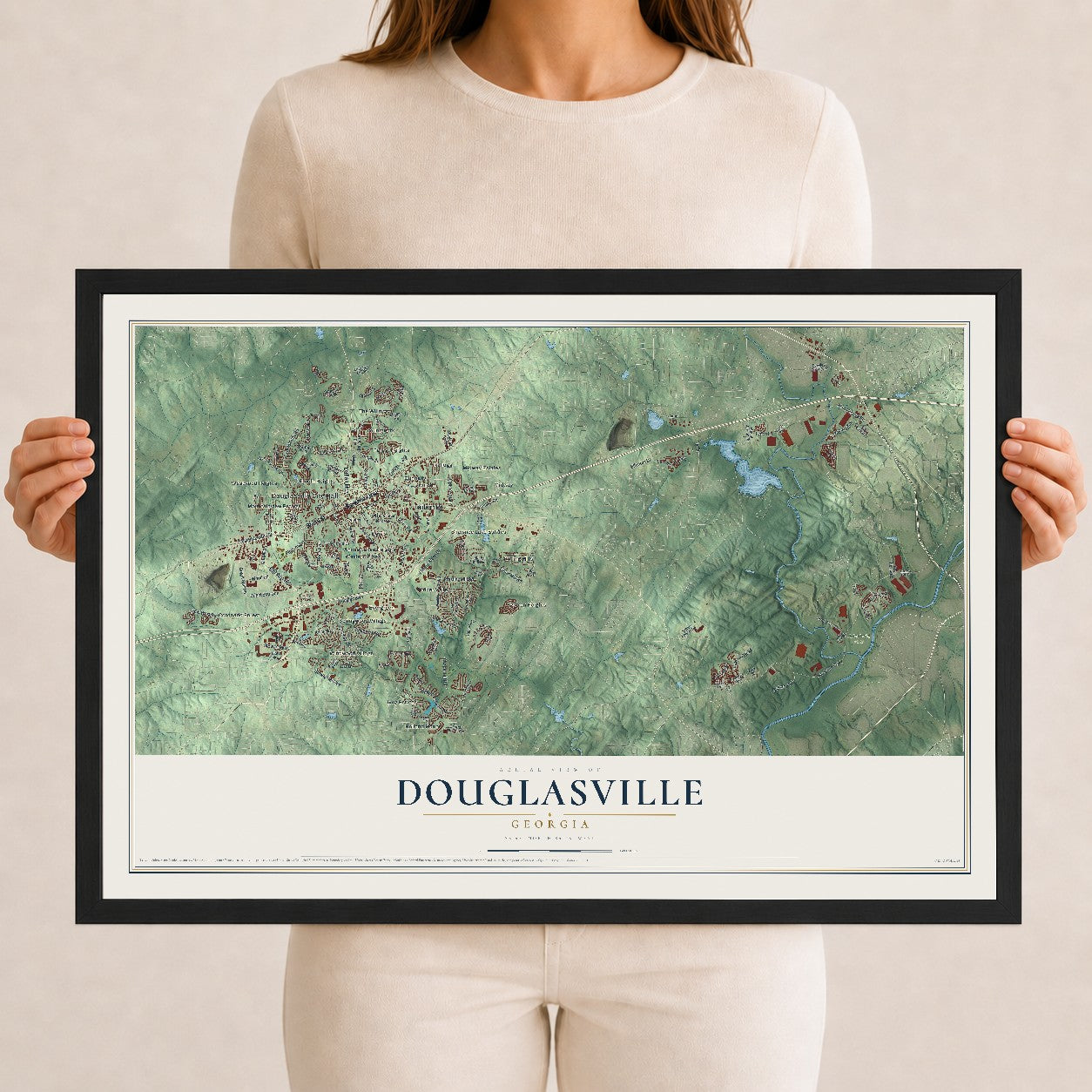 Douglasville, Georgia map print, 12" x 18" W/ Black Ayous Wood Frame mockup