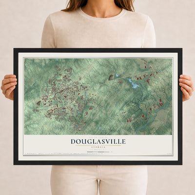 Douglasville, Georgia map print, 12" x 18" W/ Black Ayous Wood Frame mockup