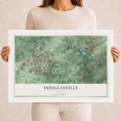 Douglasville, Georgia map print, 12" x 18" W/ White Ayous Wood Frame mockup
