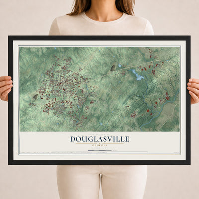 Douglasville, Georgia map print, 18" x 24" W/ Black Ayous Wood Frame mockup