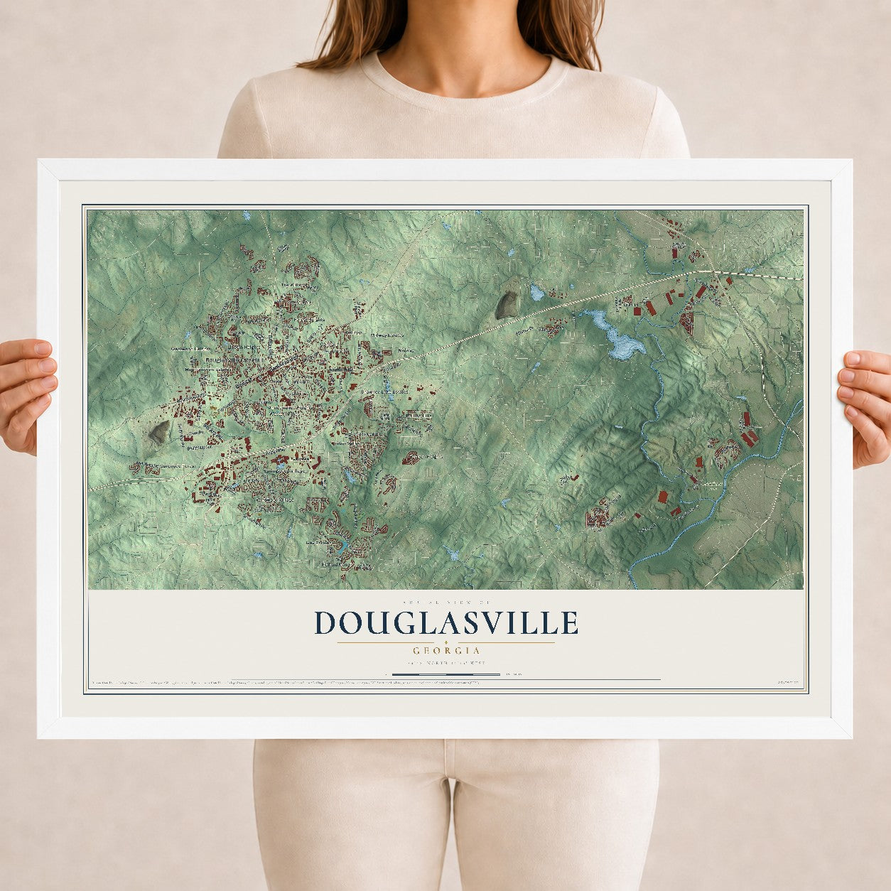Douglasville, Georgia map print, 18" x 24" W/ White Ayous Wood Frame mockup