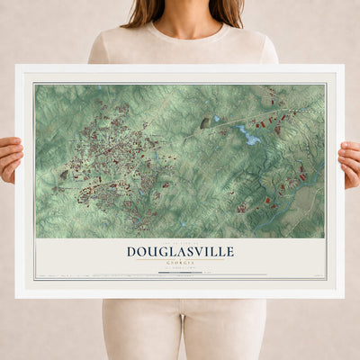 Douglasville, Georgia map print, 18" x 24" W/ White Ayous Wood Frame mockup