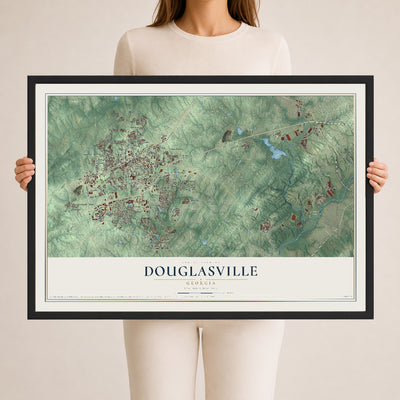 Douglasville, Georgia map print, 24" x 36" W/ Black Ayous Wood Frame mockup