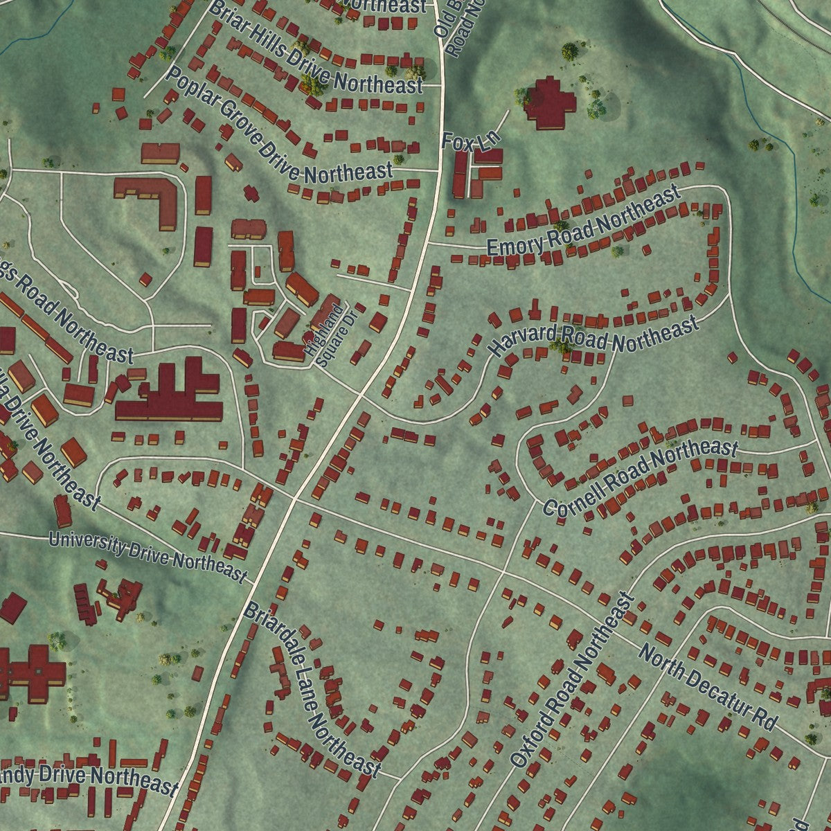 Close-up 1 of the Druid Hills, Georgia map artwork