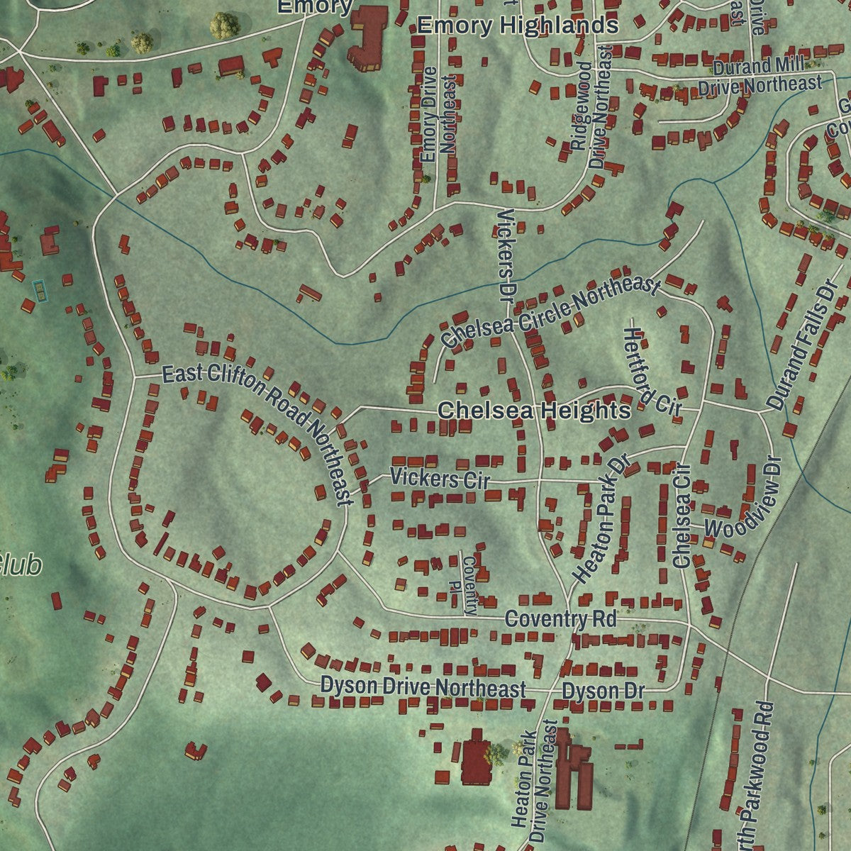 Close-up 2 of the Druid Hills, Georgia map artwork