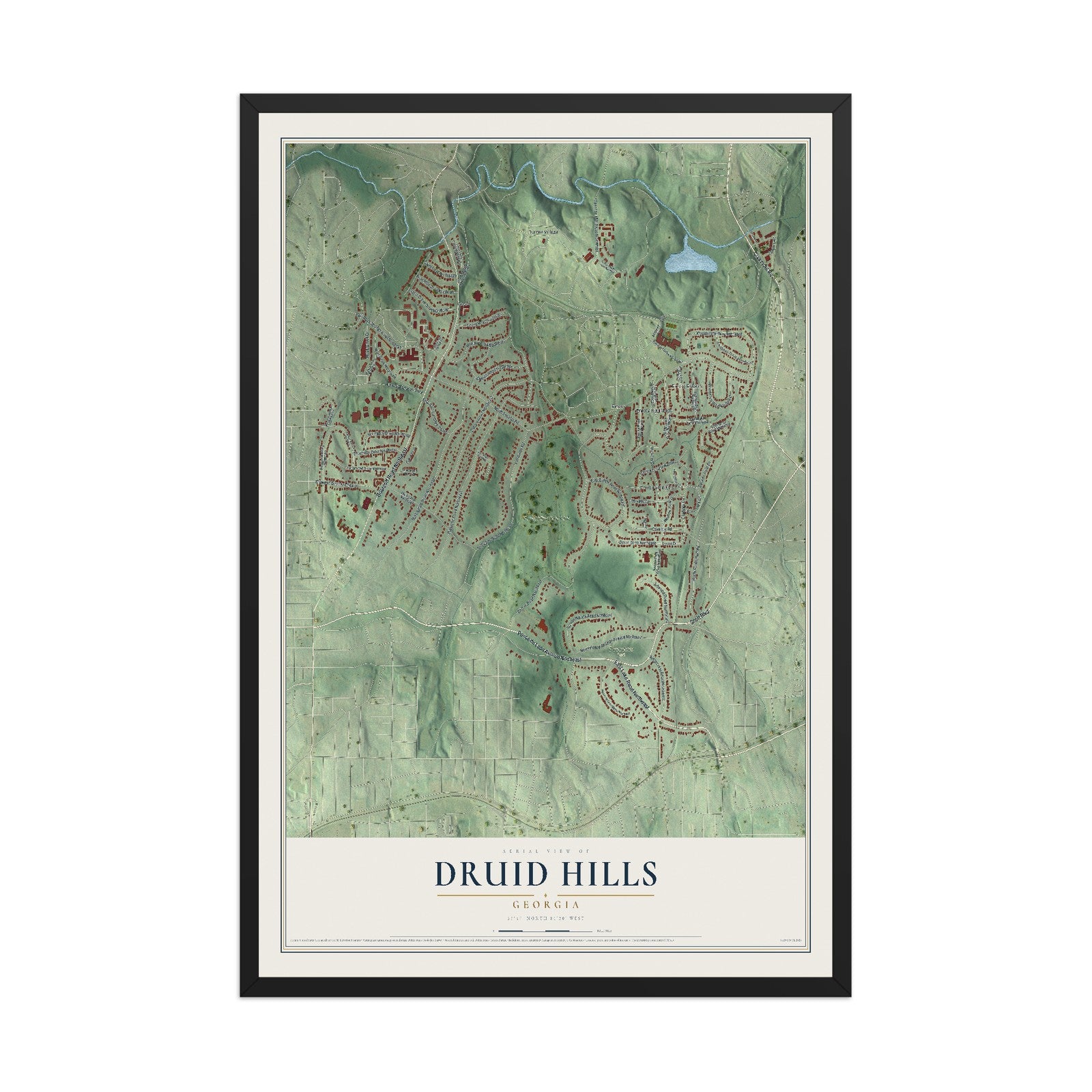 Druid Hills, Georgia map print, 12" x 18" W/ Black Ayous Wood Frame mockup