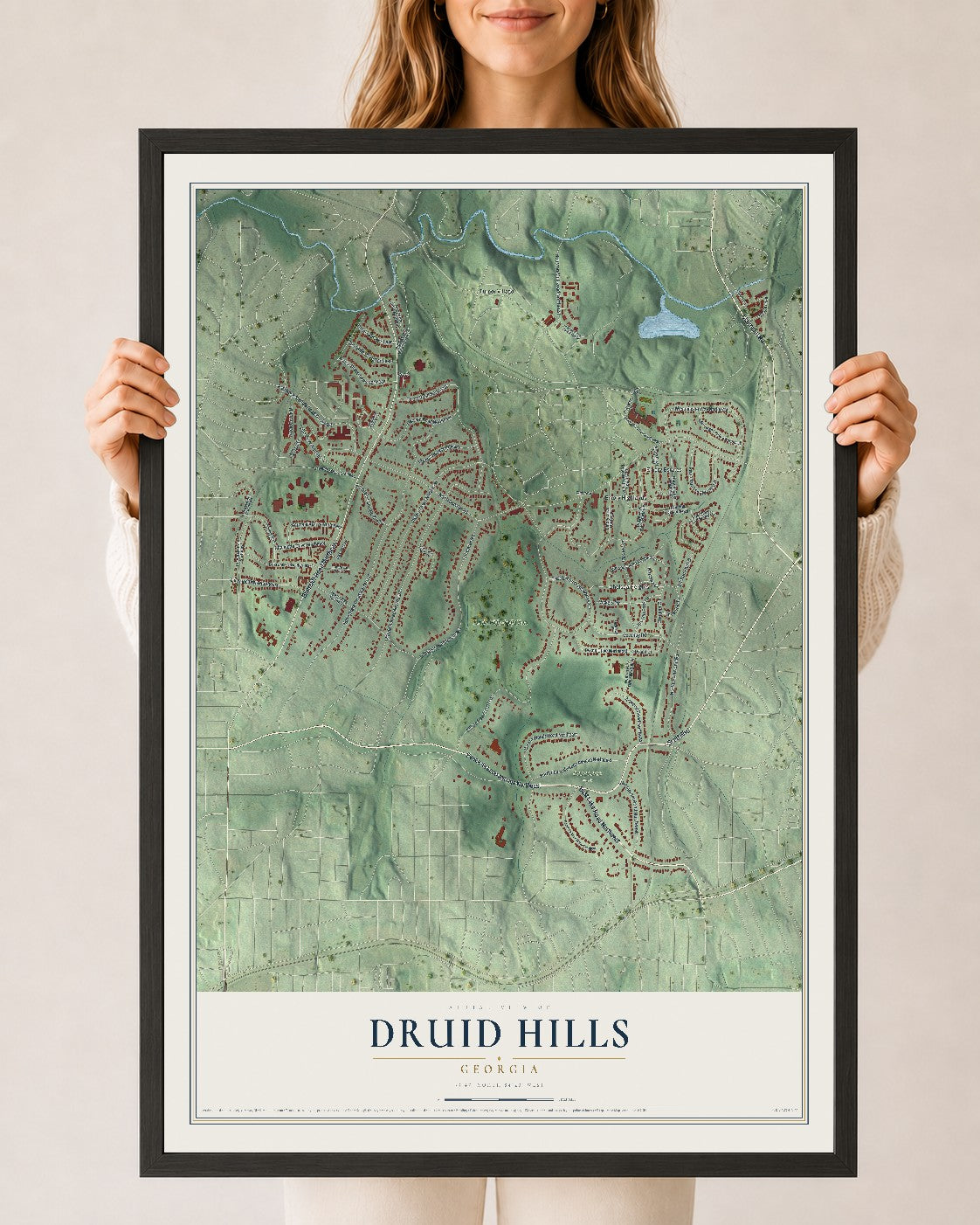 Druid Hills, Georgia map print, 24" x 36" W/ Black Ayous Wood Frame mockup