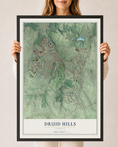 Druid Hills, Georgia map print, 24" x 36" W/ Black Ayous Wood Frame mockup