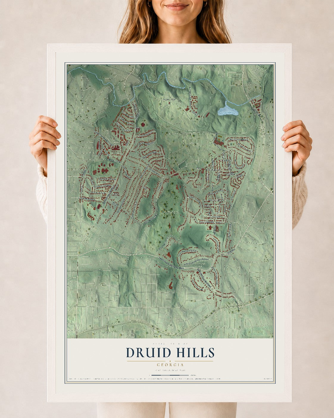 Druid Hills, Georgia map print, 24" x 36" W/ White Ayous Wood Frame mockup