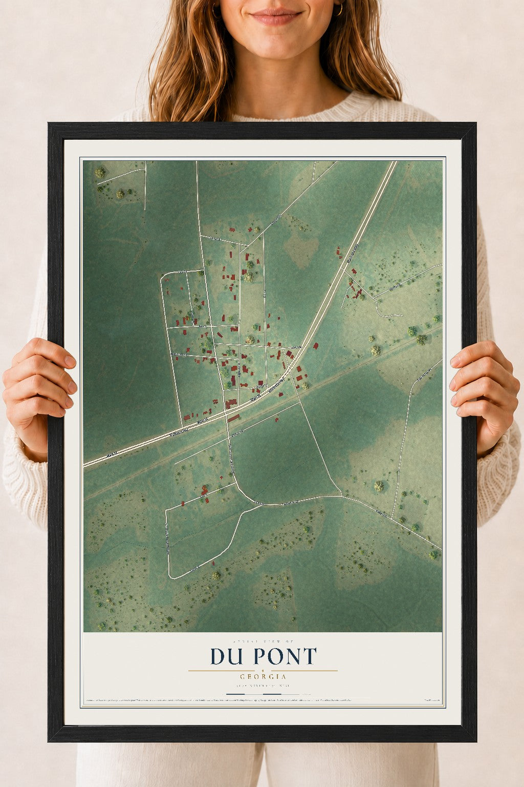 Du Pont, Georgia map print, 18" x 24" W/ Black Ayous Wood Frame mockup
