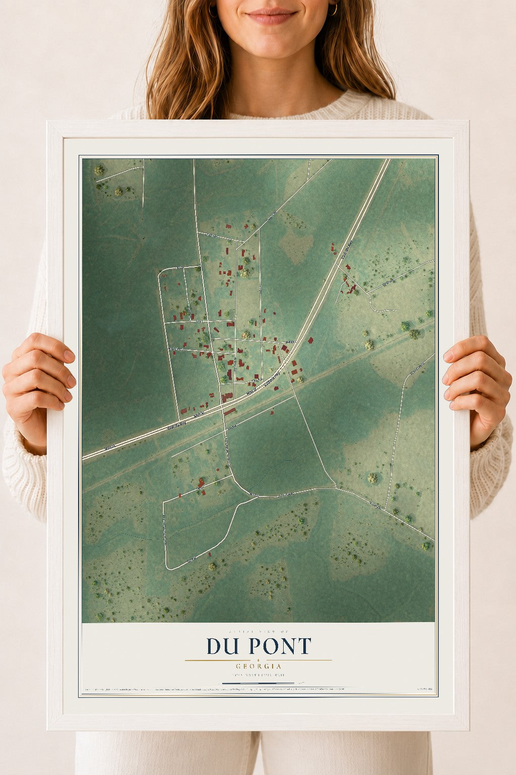 Du Pont, Georgia map print, 18" x 24" W/ White Ayous Wood Frame mockup