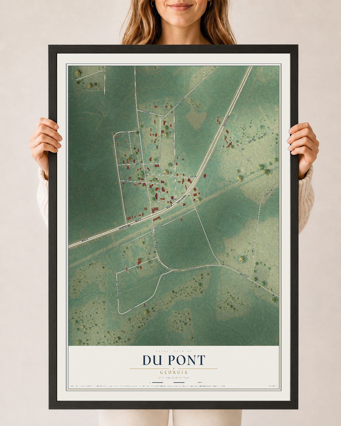 Du Pont, Georgia map print, 24" x 36" W/ Black Ayous Wood Frame mockup