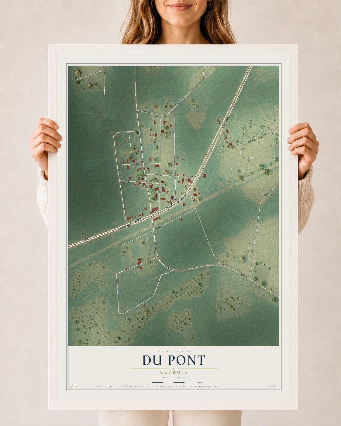 Du Pont, Georgia map print, 24" x 36" W/ White Ayous Wood Frame mockup