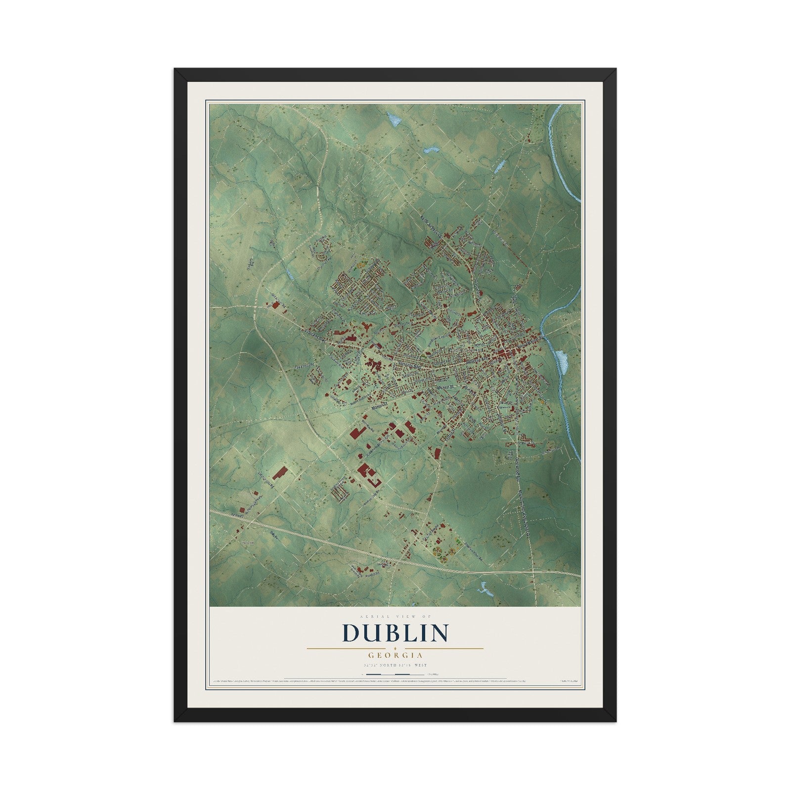 Dublin, Georgia map print, 12" x 18" W/ Black Ayous Wood Frame mockup