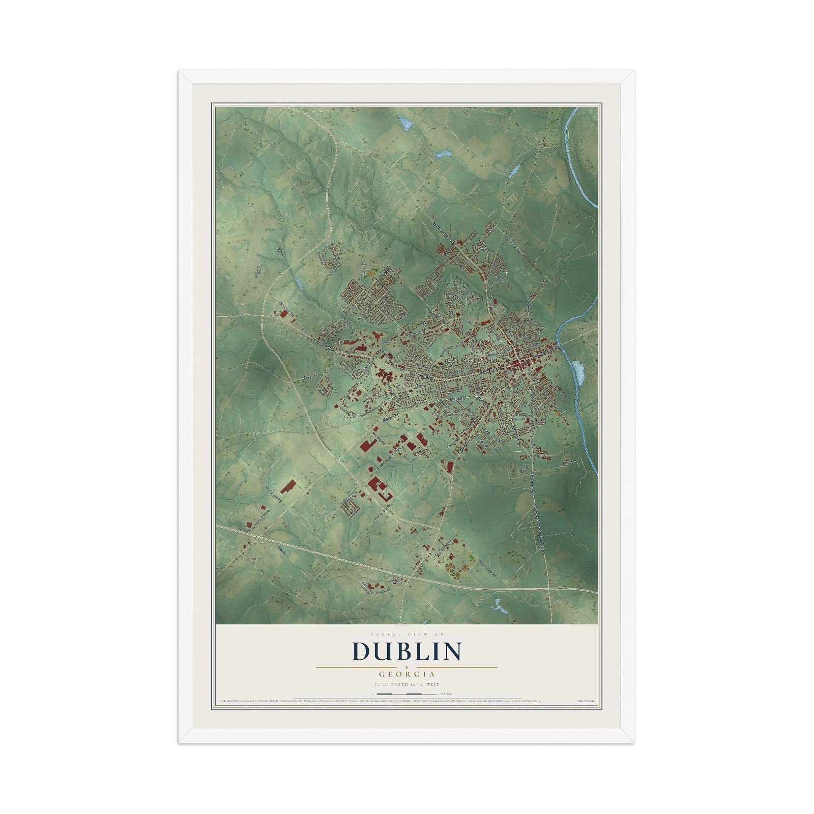 Dublin, Georgia map print, 12" x 18" W/ White Ayous Wood Frame mockup