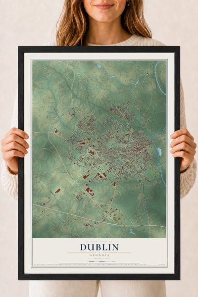 Dublin, Georgia map print, 18" x 24" W/ Black Ayous Wood Frame mockup