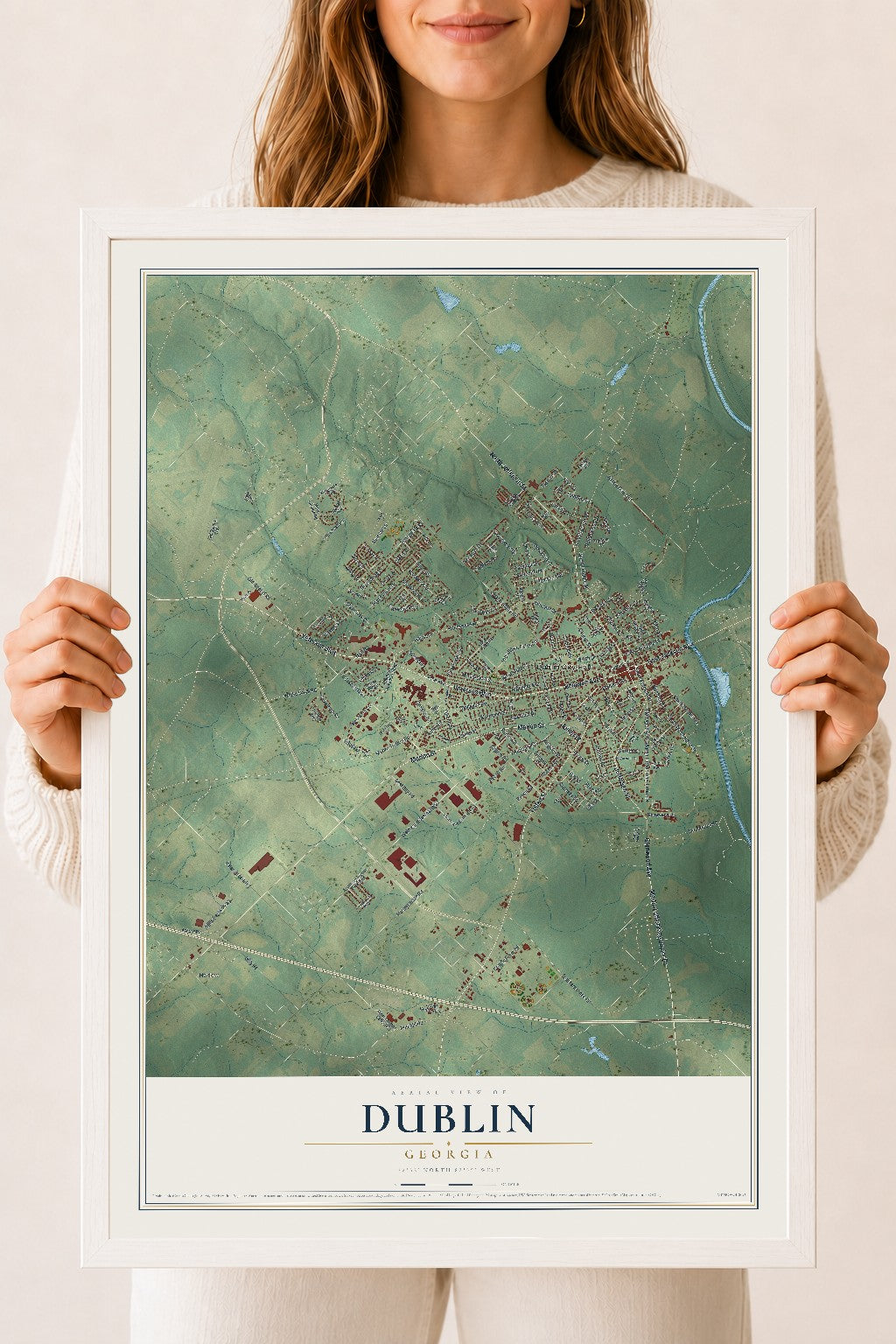 Dublin, Georgia map print, 18" x 24" W/ White Ayous Wood Frame mockup