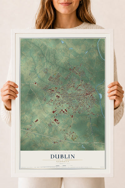 Dublin, Georgia map print, 18" x 24" W/ White Ayous Wood Frame mockup