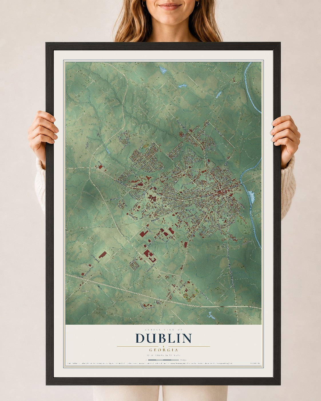 Dublin, Georgia map print, 24" x 36" W/ Black Ayous Wood Frame mockup