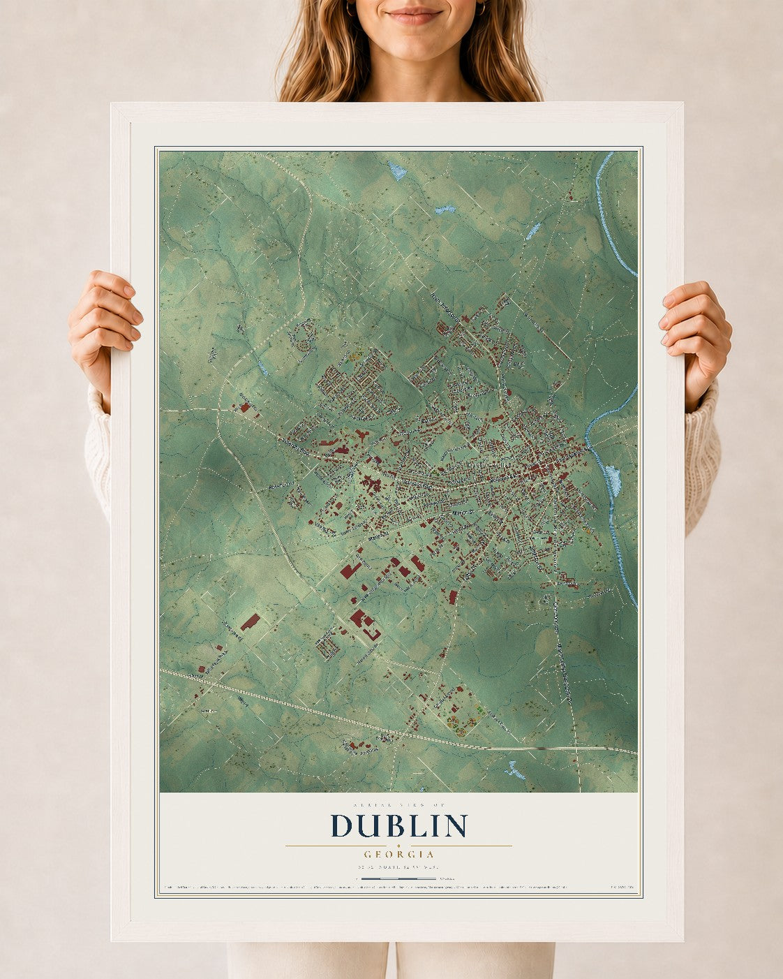 Dublin, Georgia map print, 24" x 36" W/ White Ayous Wood Frame mockup