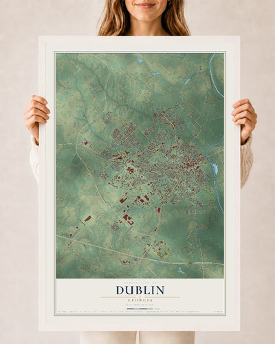 Dublin, Georgia map print, 24" x 36" W/ White Ayous Wood Frame mockup
