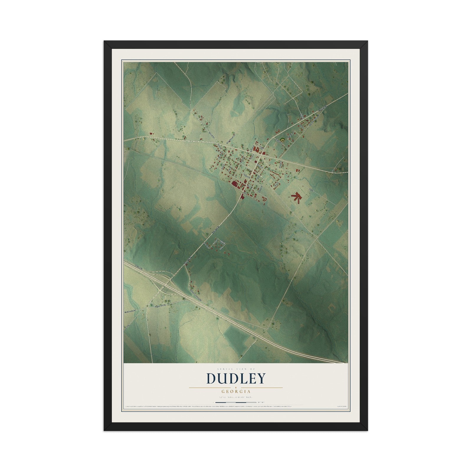 Dudley, Georgia map print, 12" x 18" W/ Black Ayous Wood Frame mockup