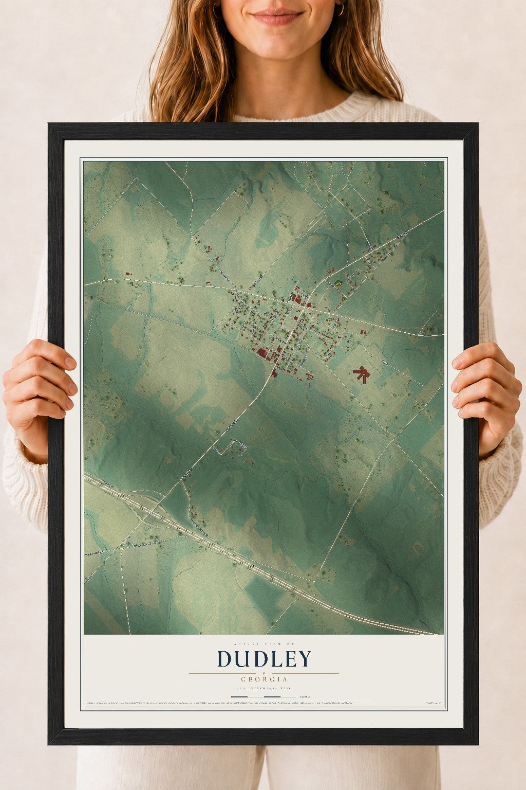 Dudley, Georgia map print, 18" x 24" W/ Black Ayous Wood Frame mockup