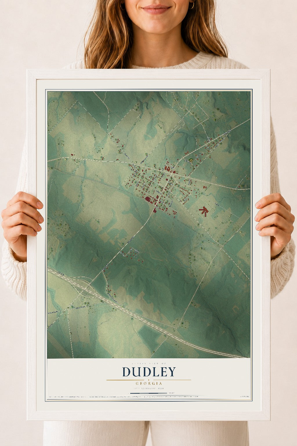 Dudley, Georgia map print, 18" x 24" W/ White Ayous Wood Frame mockup