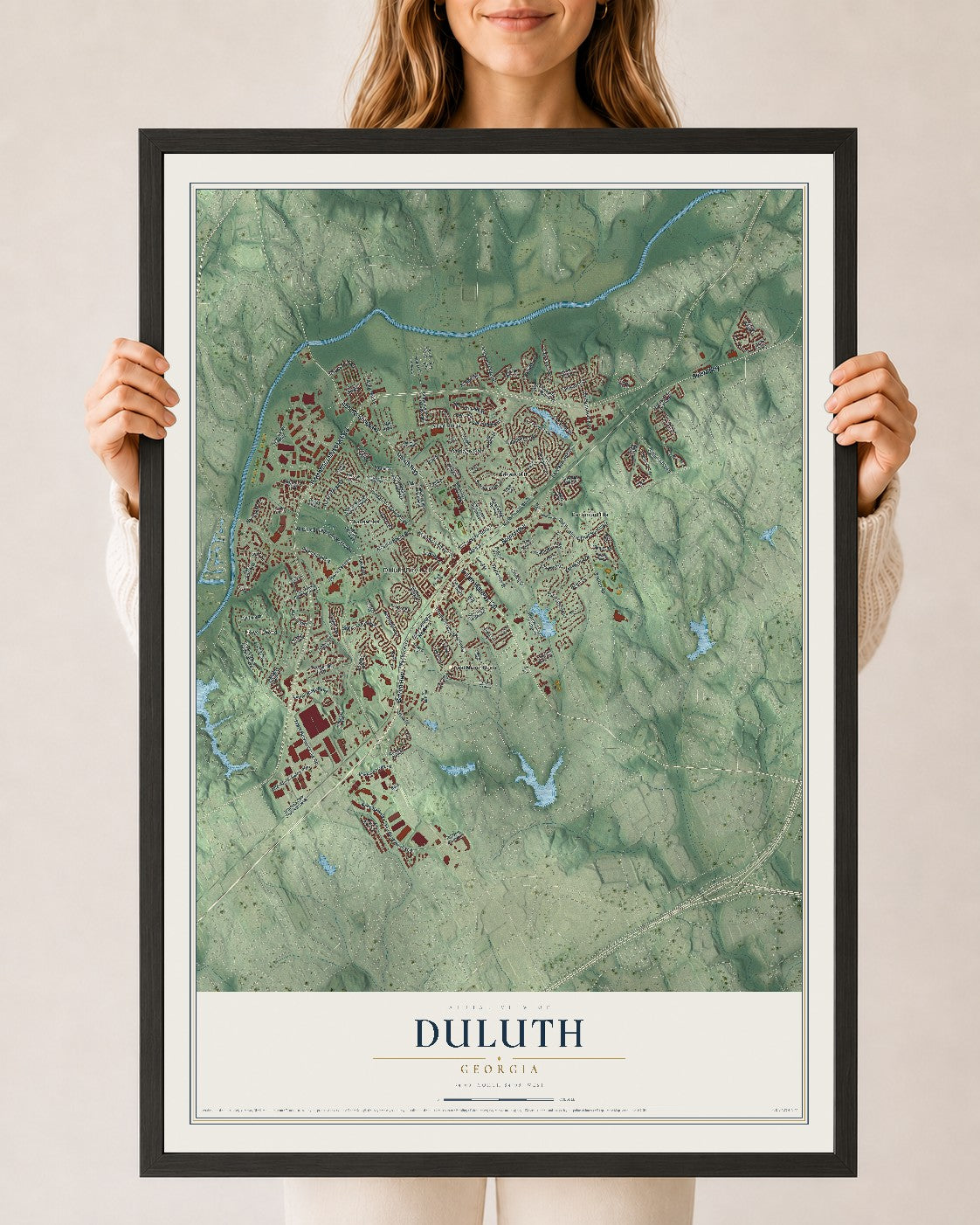 Duluth, Georgia map print, 24" x 36" W/ Black Ayous Wood Frame mockup