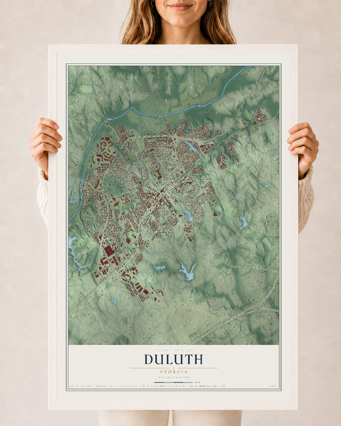 Duluth, Georgia map print, 24" x 36" W/ White Ayous Wood Frame mockup