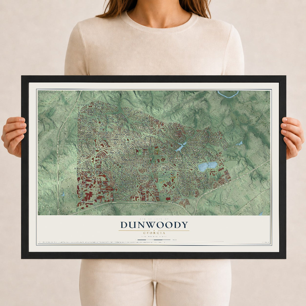 Dunwoody, Georgia map print, 12" x 18" W/ Black Ayous Wood Frame mockup