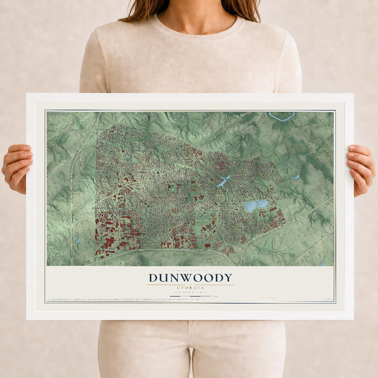 Dunwoody, Georgia map print, 12" x 18" W/ White Ayous Wood Frame mockup