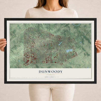 Dunwoody, Georgia map print, 18" x 24" W/ Black Ayous Wood Frame mockup